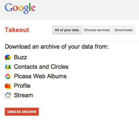 Google Takeout Screenshot