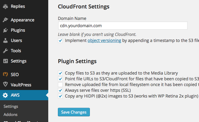 Custom SSL Domain AWS WordPress Plugin Settings