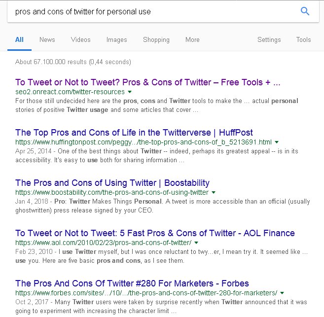 My SEO 2.0 blog is ranking on #1 for [pros and cons of Twitter for personal use] on Google above Huffington Post, AOL and Forbes.