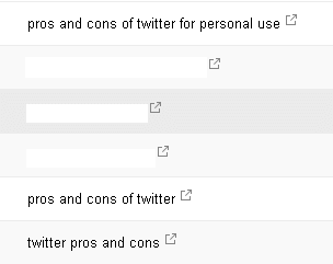 My Google search console stats for Twitter pros and cons searches. On top is [pros and cons of Twitter for personal use].