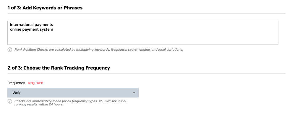 Raven Tools Bing Rank Tracker: Add keywords or phrases and choose the rank tracking frequency (daily, weekly, monthly).