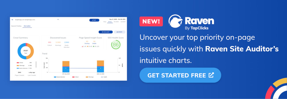 Uncover your top priority on-page issues quickly with Raven Site Auditor’s intuitive charts. Get Started Free.